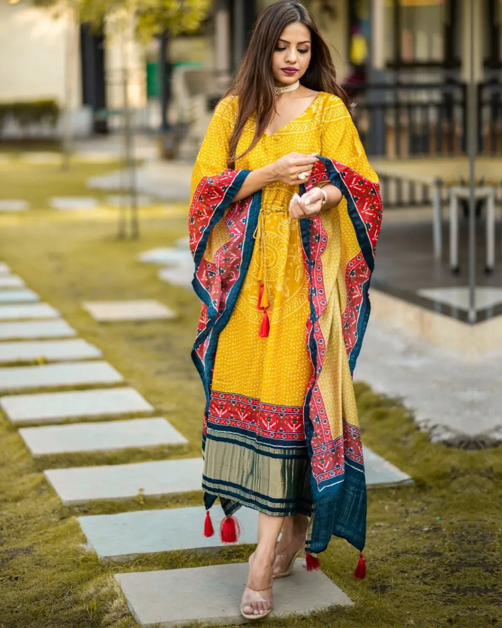 Yellow Red line Digital Printed Satin Kaftan