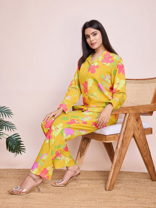 Yellow Floral Digital Print Rayon Slub Cord Set