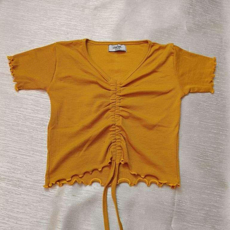 Adjustable Front Ruching The Maya Ruched Ribbed Crop Top – Mustard