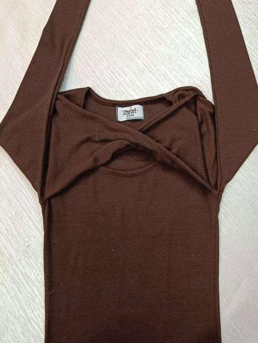 Criss-Cross Front Cut-Out Rib-Knit Long Sleeve Top