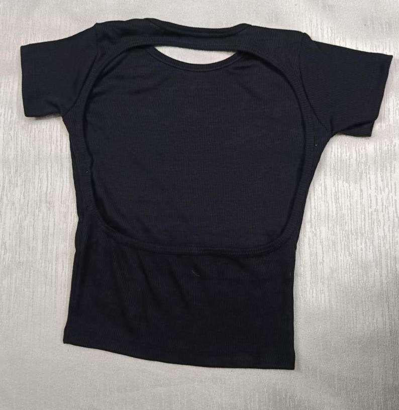 Backless Ribbed Cap-Sleeve Crop Top.