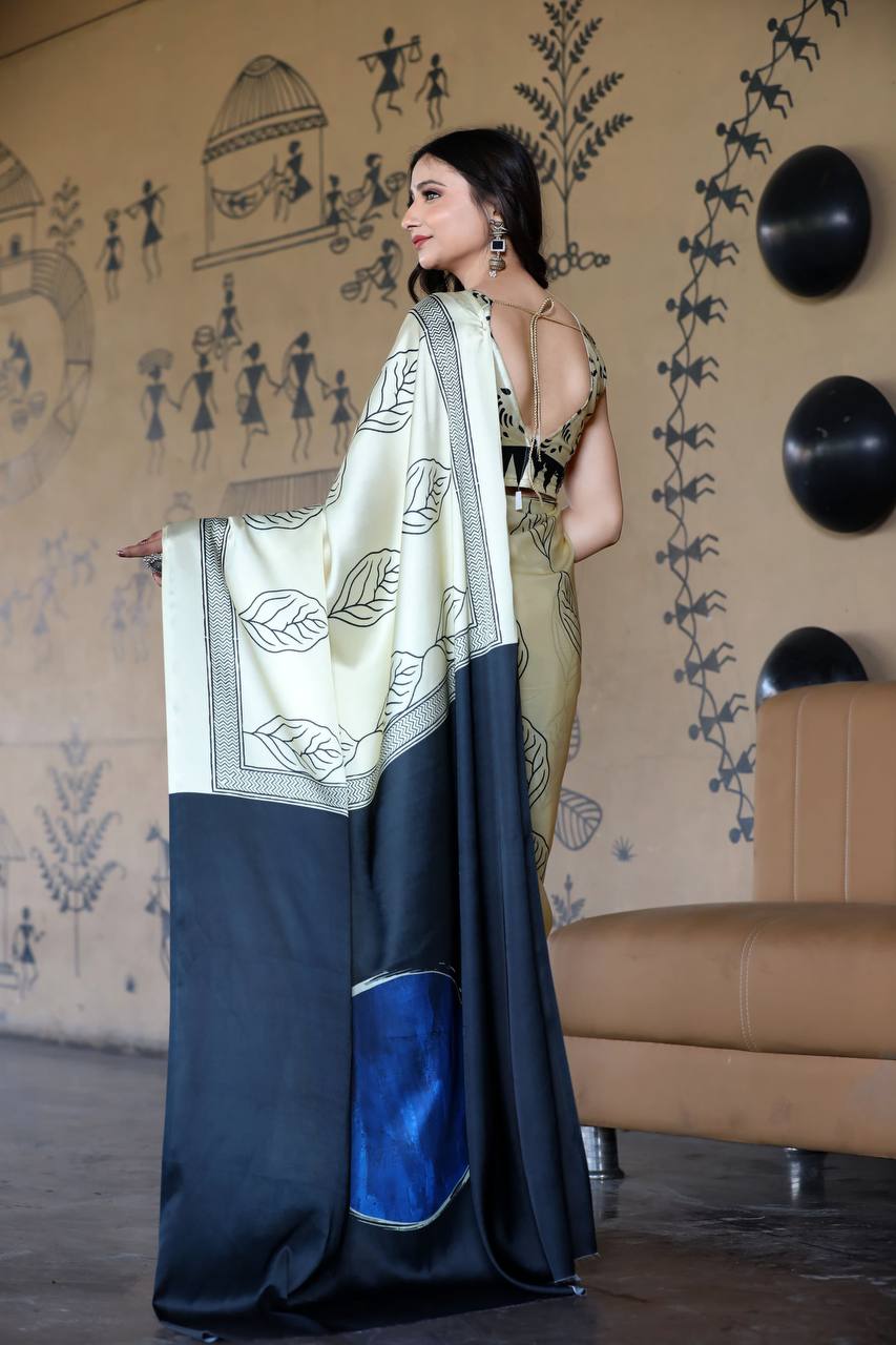 Cream Colour Satin Silk Saree with Contrast Black Leaf Print Original Japan Satin (Devsena satin)
