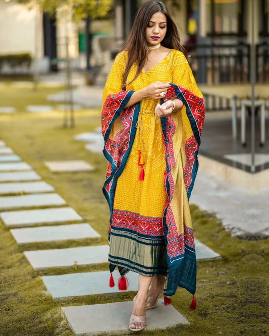 Yellow Red line Digital Printed Satin Kaftan