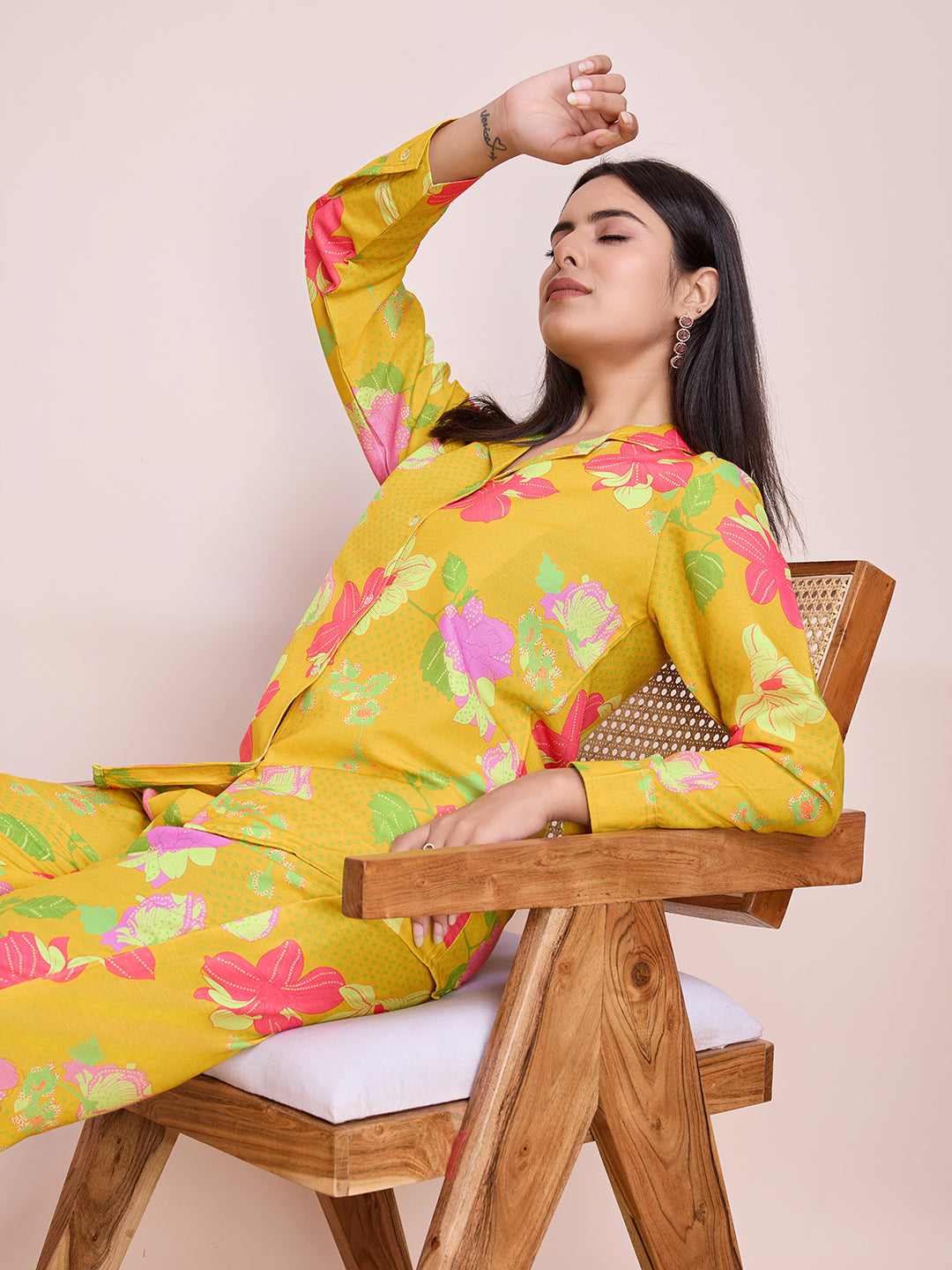 Yellow Floral Digital Print Rayon Slub Cord Set