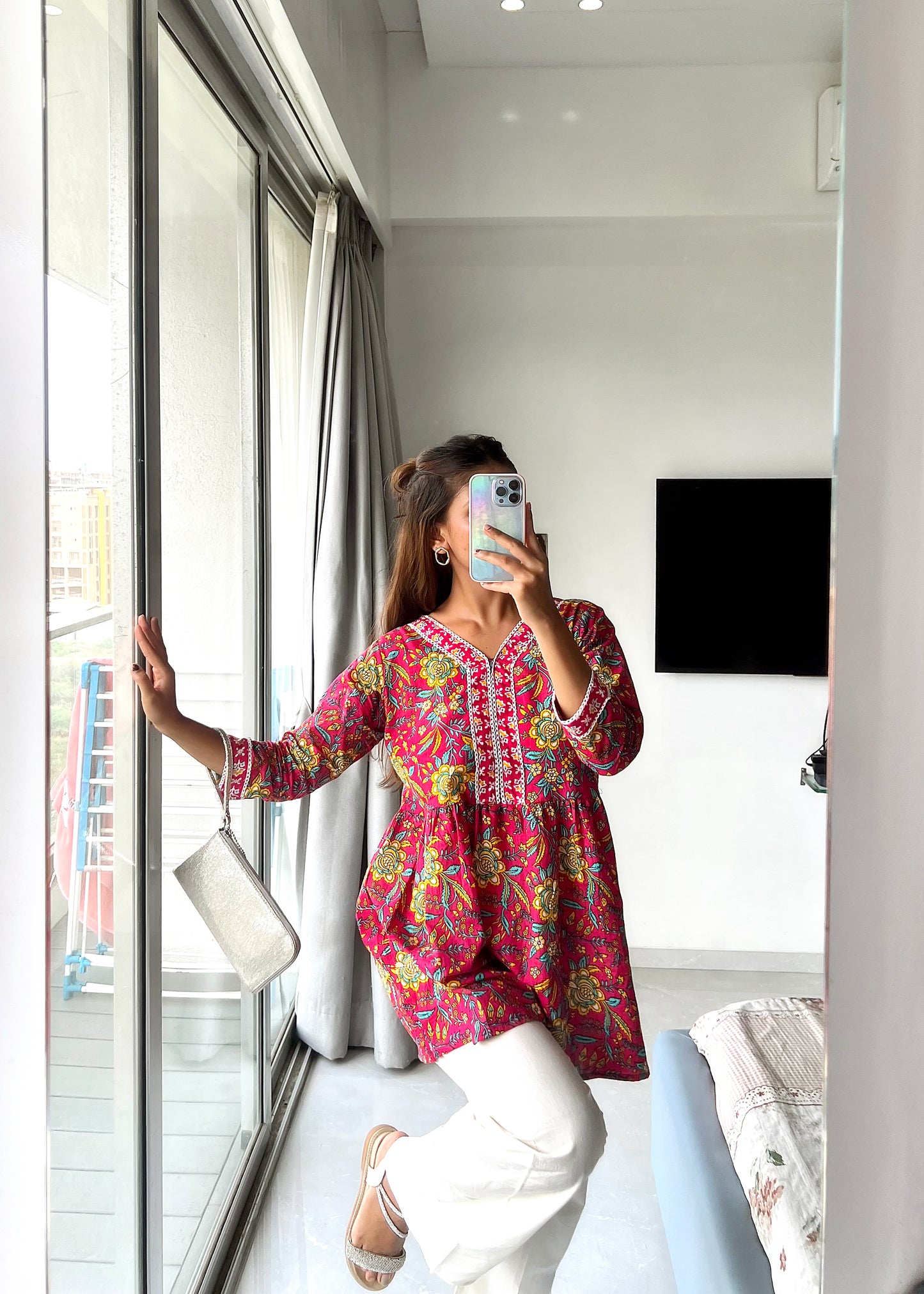 Bidya's Hand-Block Print Cotton Peplum Kurti with Lace Embroidery