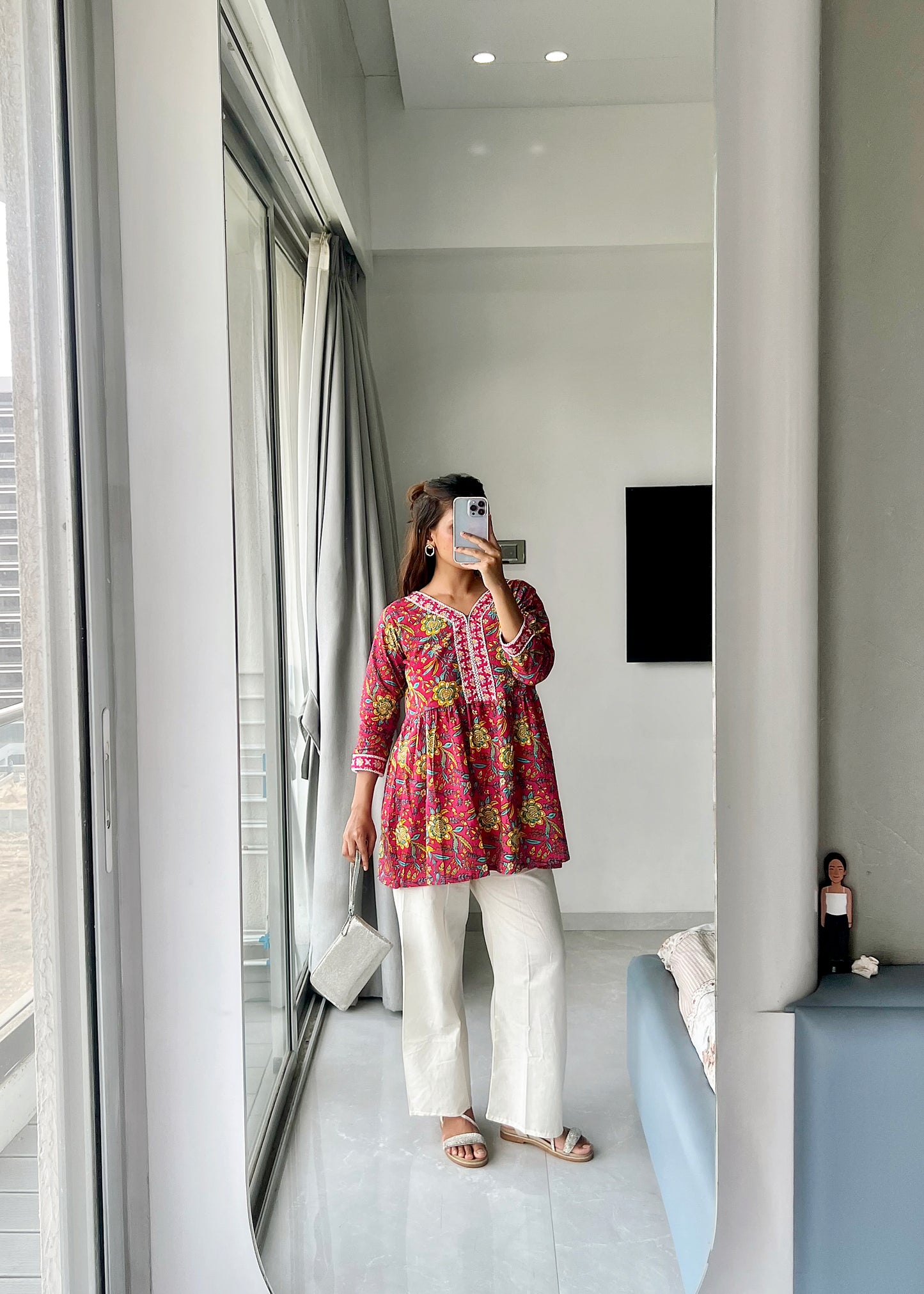 Bidya's Hand-Block Print Cotton Peplum Kurti with Lace Embroidery