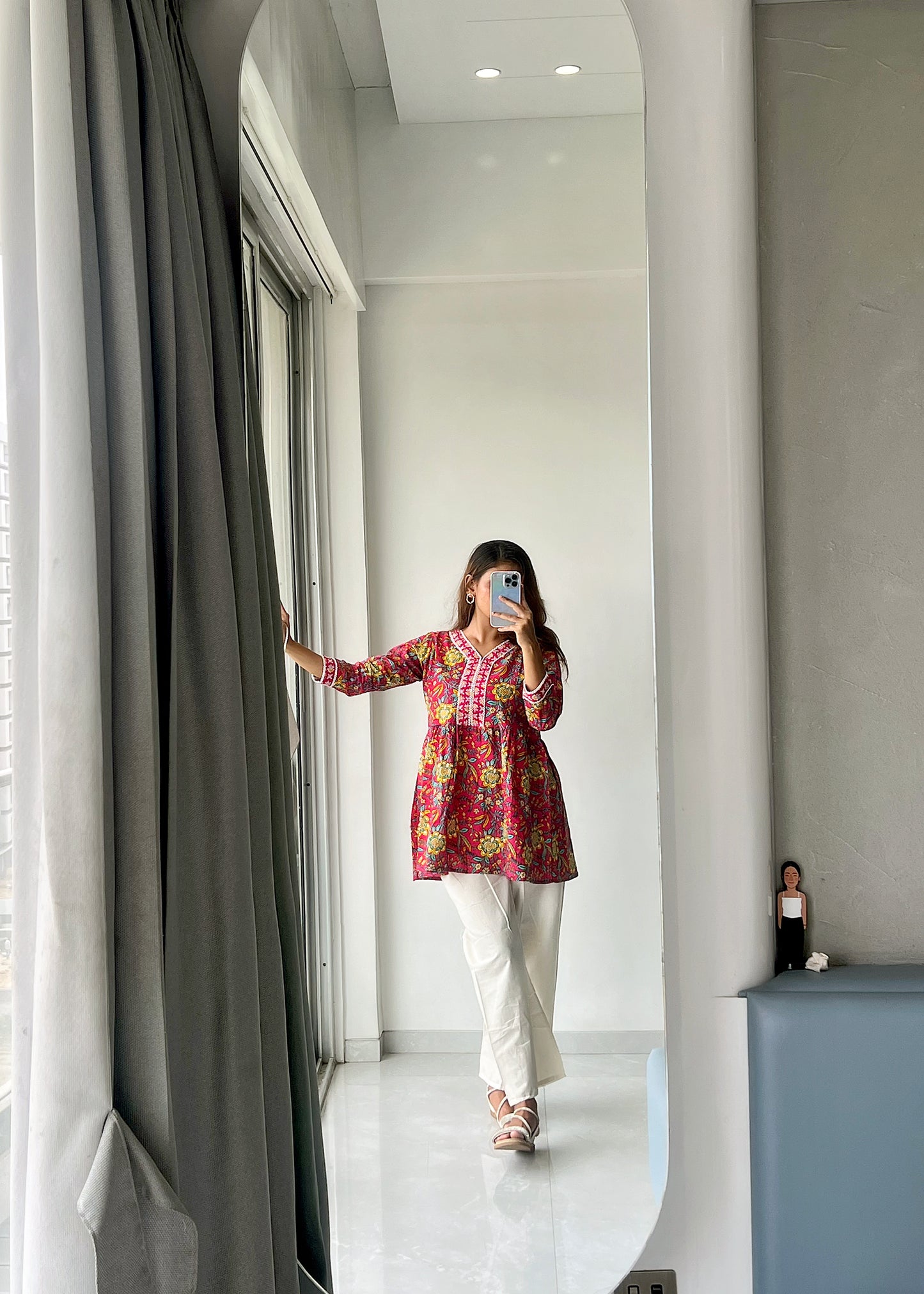 Bidya's Hand-Block Print Cotton Peplum Kurti with Lace Embroidery