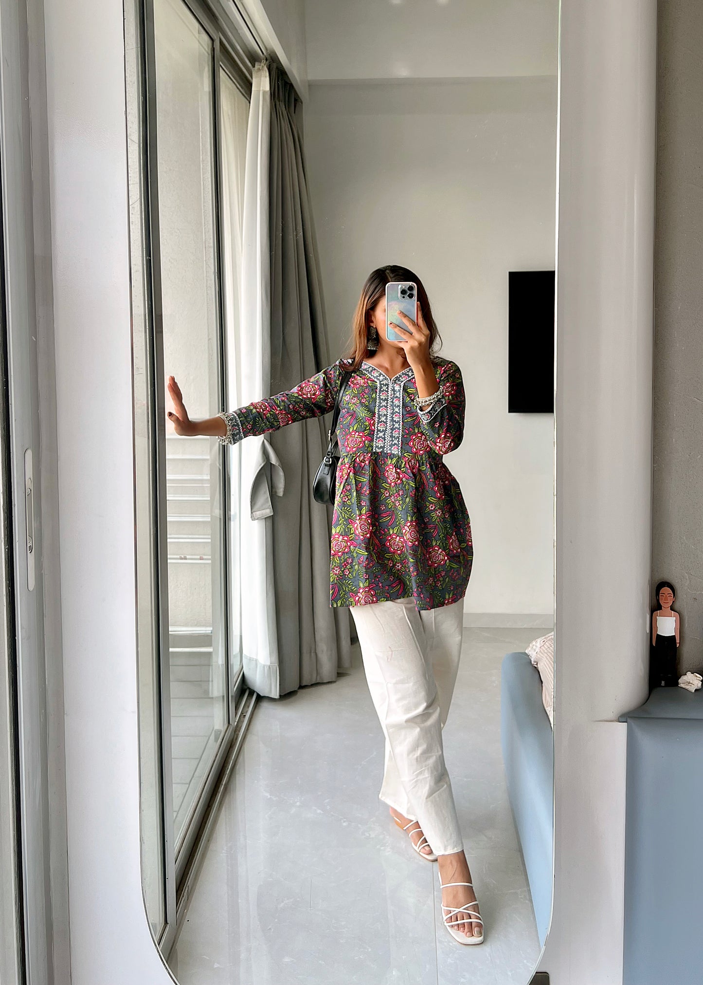 Bidya's Hand-Block Print Cotton Peplum Kurti with Lace Embroidery