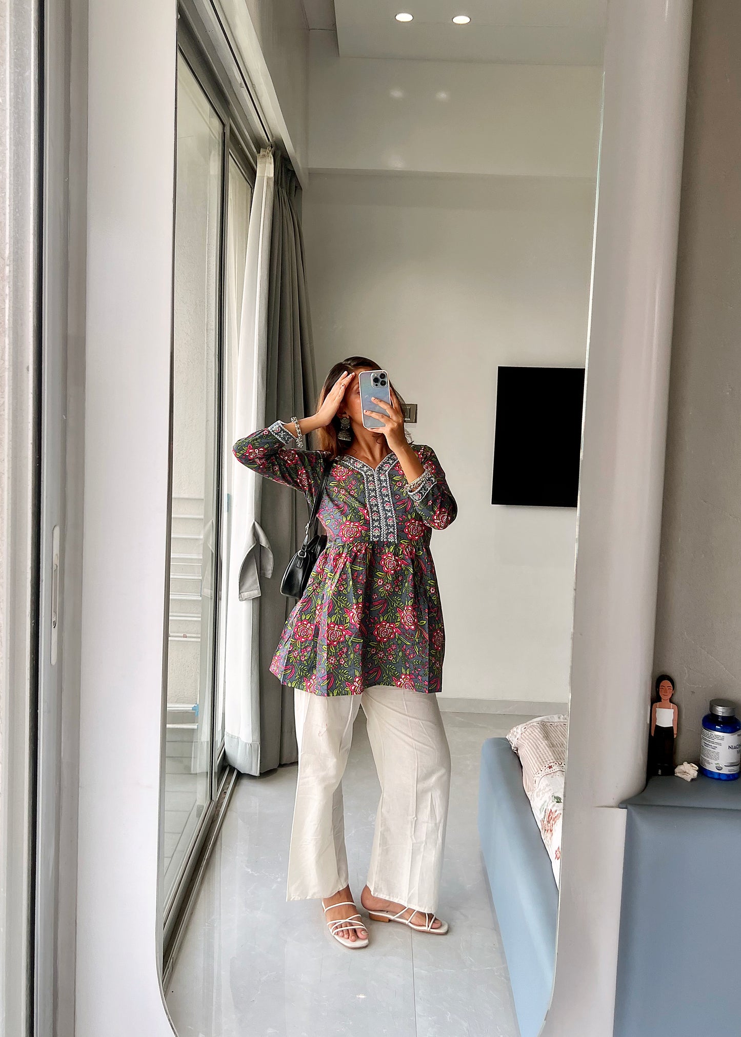 Bidya's Hand-Block Print Cotton Peplum Kurti with Lace Embroidery