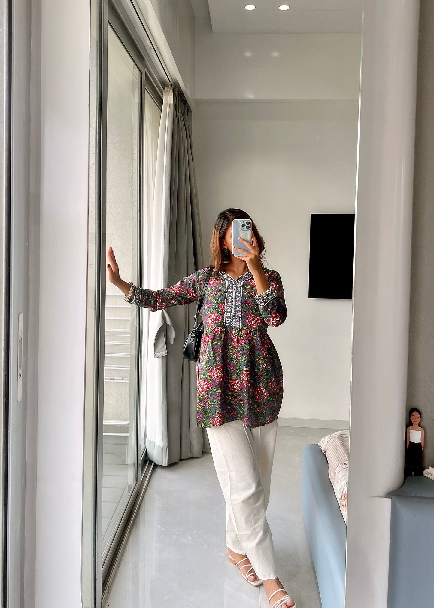 Bidya's Hand-Block Print Cotton Peplum Kurti with Lace Embroidery