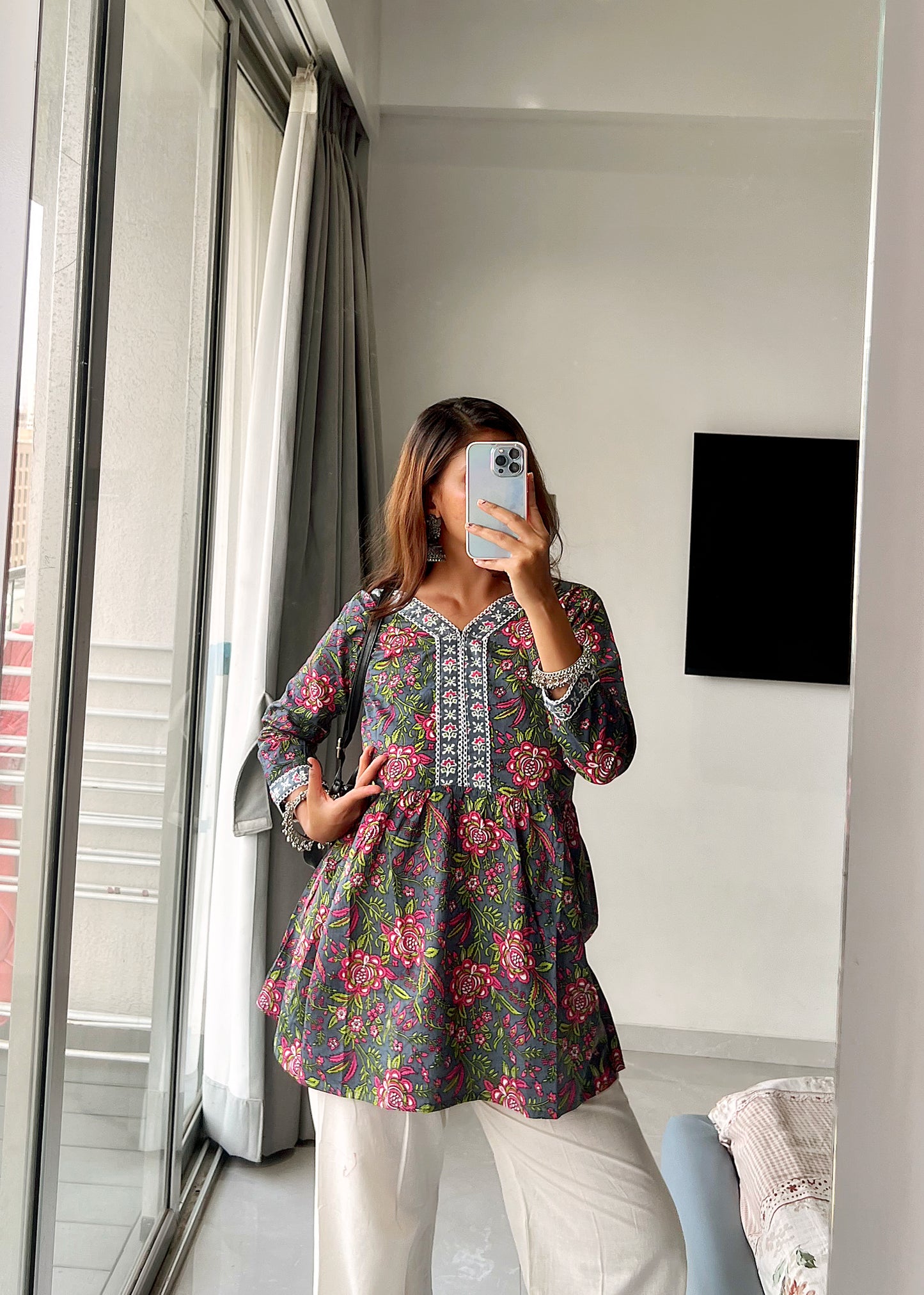 Bidya's Hand-Block Print Cotton Peplum Kurti with Lace Embroidery