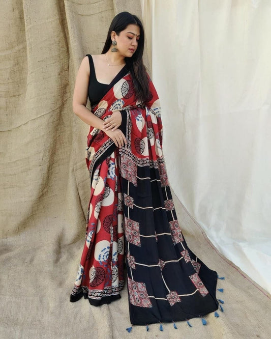 Red & Black Dual-Tone Digital Print Saree Original Japan Satin (Devsena satin)