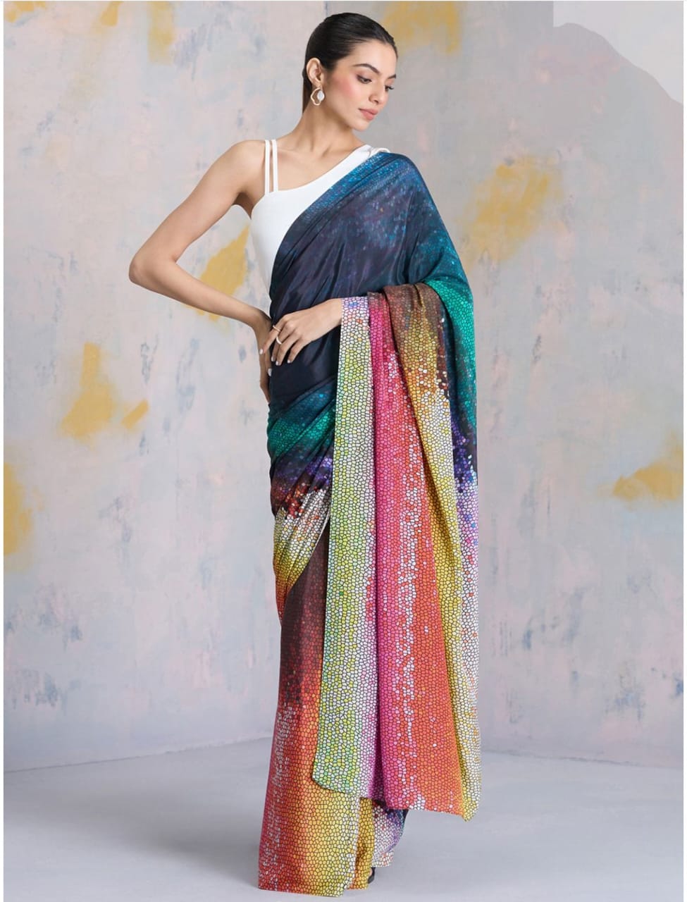 Ombre Sequin Work Digital Print Party Wear Saree Original Japan Satin (Devsena satin)