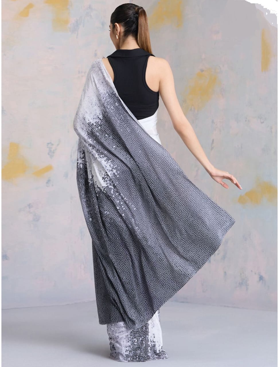 Ombre Sequin Work Digital Print Party Wear Saree Original Japan Satin (Devsena satin)