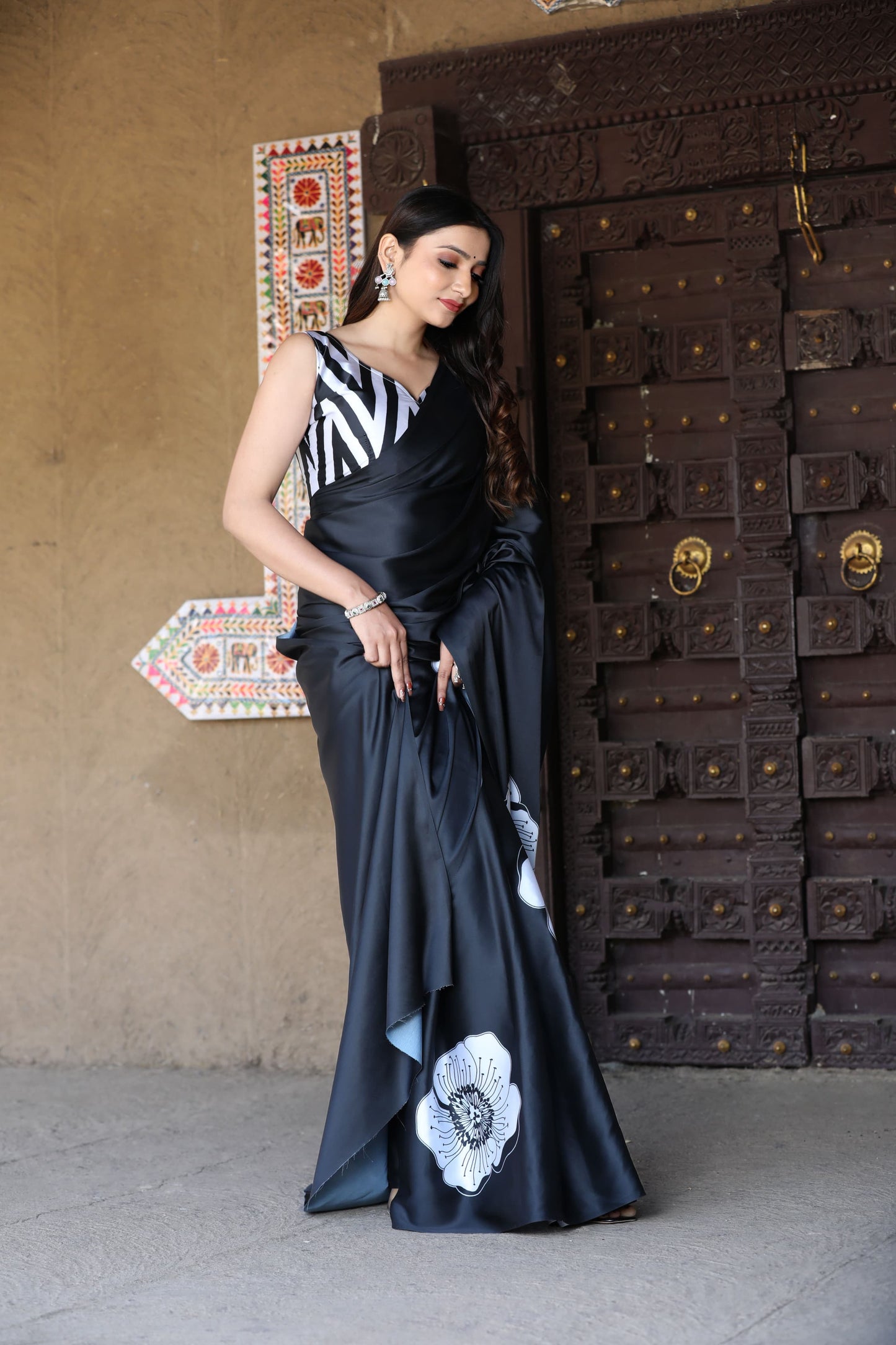 Satin Saree with Oversized White Floral Digital Print  Original Japan Satin (Devsena satin)