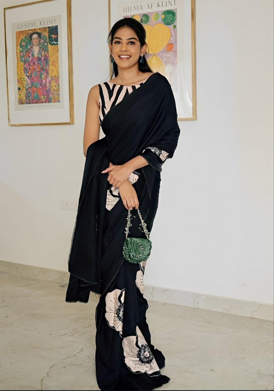 Satin Saree with Oversized White Floral Digital Print  Original Japan Satin (Devsena satin)