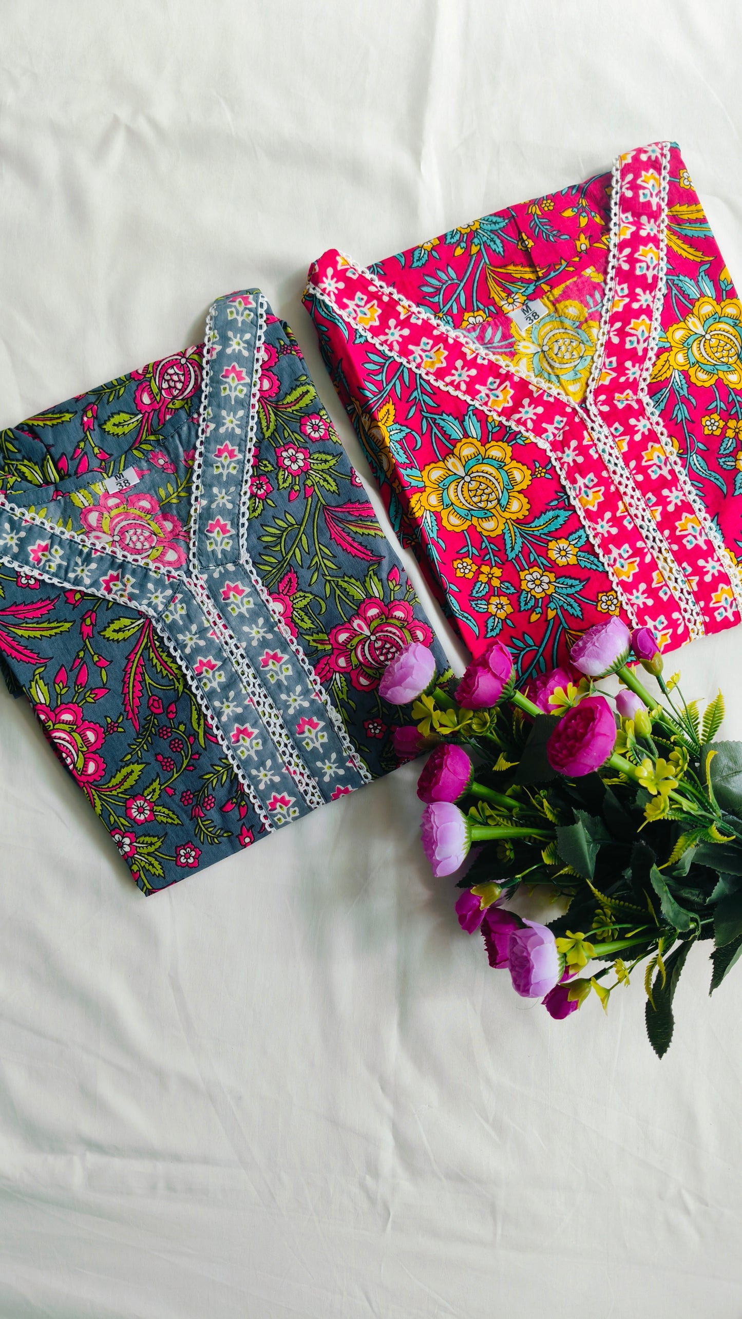 Bidya's Hand-Block Print Cotton Peplum Kurti with Lace Embroidery