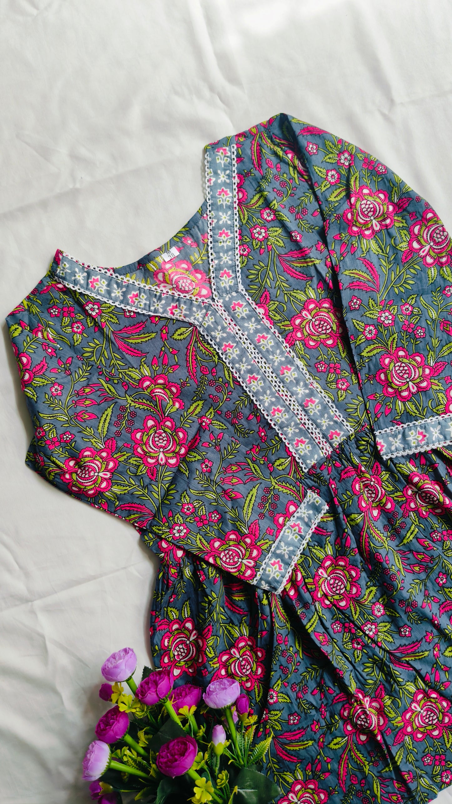 Bidya's Hand-Block Print Cotton Peplum Kurti with Lace Embroidery
