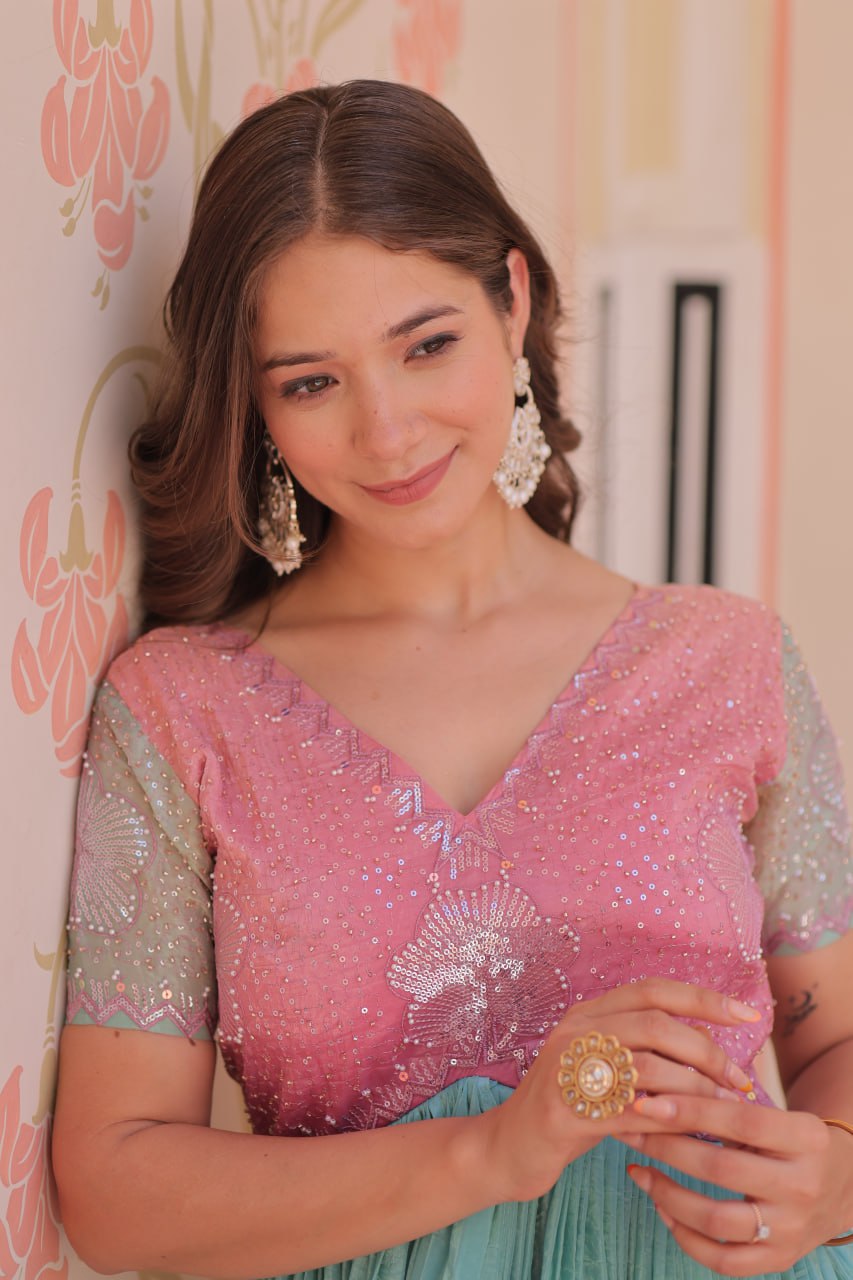 GOWN-Gold Crush Padding With Beads Embroidered Work.