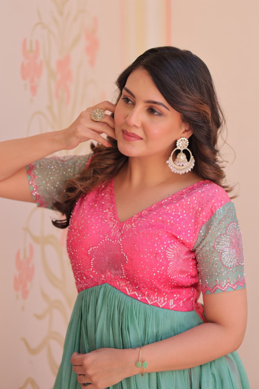 GOWN-Gold Crush Padding With Beads Embroidered Work.