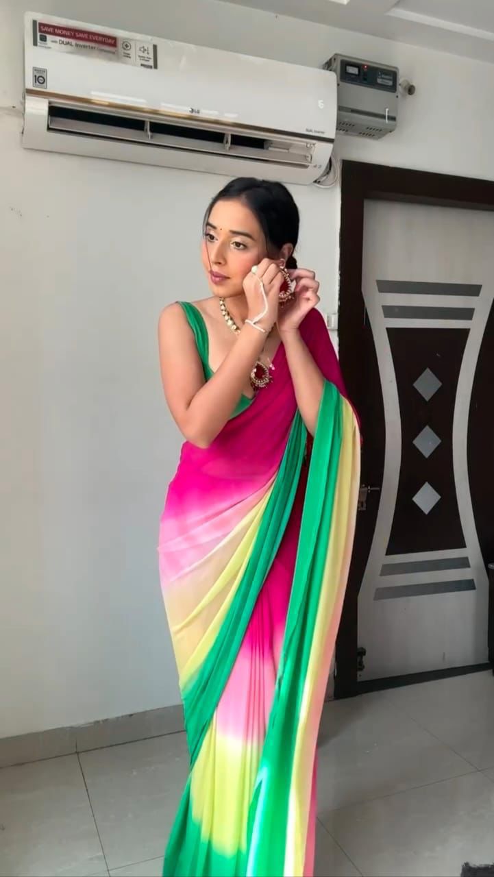 1 min Alia Bhatt Soft Georgette Pink Yellow Green Shade Saree Ready to Wear