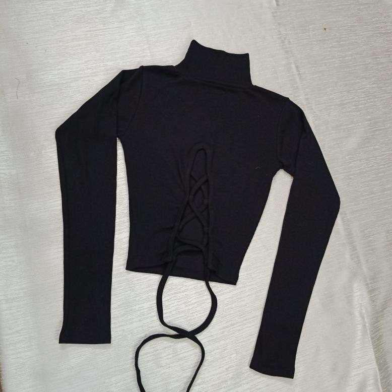 Mock Neck Lace-Up Back Crop Top