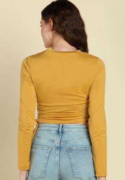 Mustard Ribbed Ruched Side Crop Top