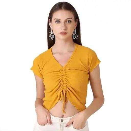 Adjustable Front Ruching The Maya Ruched Ribbed Crop Top – Mustard