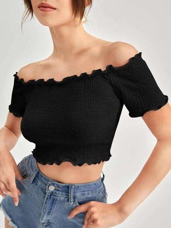 Black Smocked Off-the-Shoulder Crop Top.