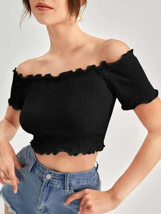 Black Smocked Off-the-Shoulder Crop Top.