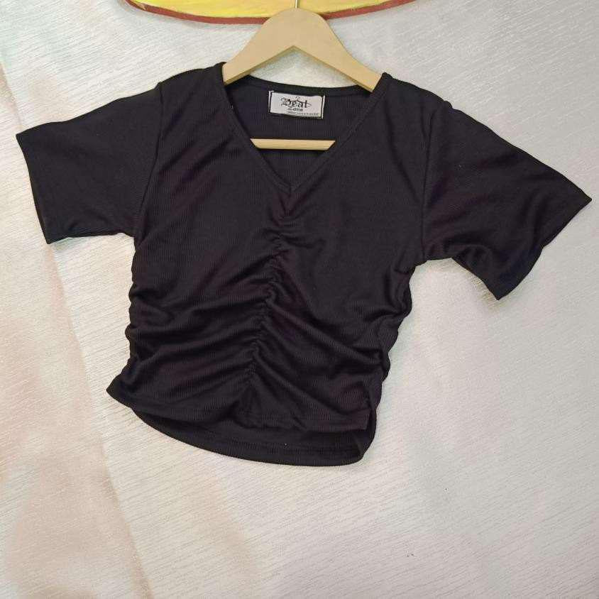 Midnight Ribbed Ruched V-Neck Crop Top