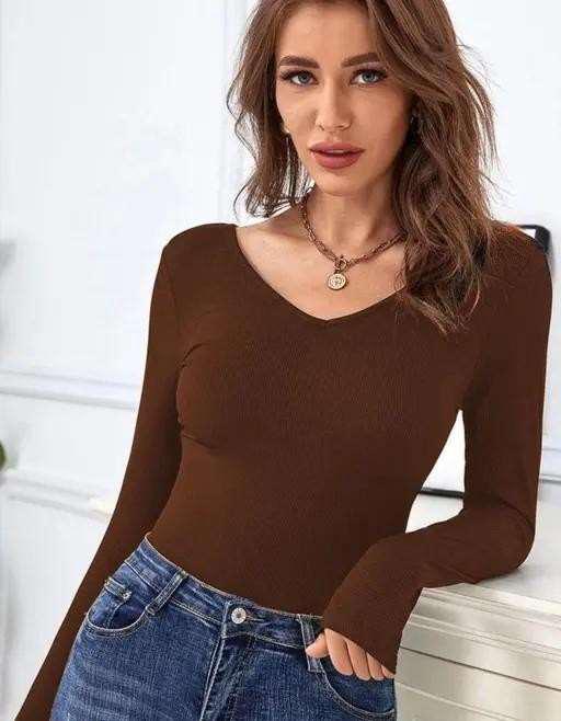 The Essential Ribbed V-Neck Long Sleeve – Rich Chocolate