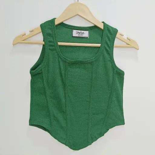 Ribbed Knit Curved Hem Corset Top in Forest Green