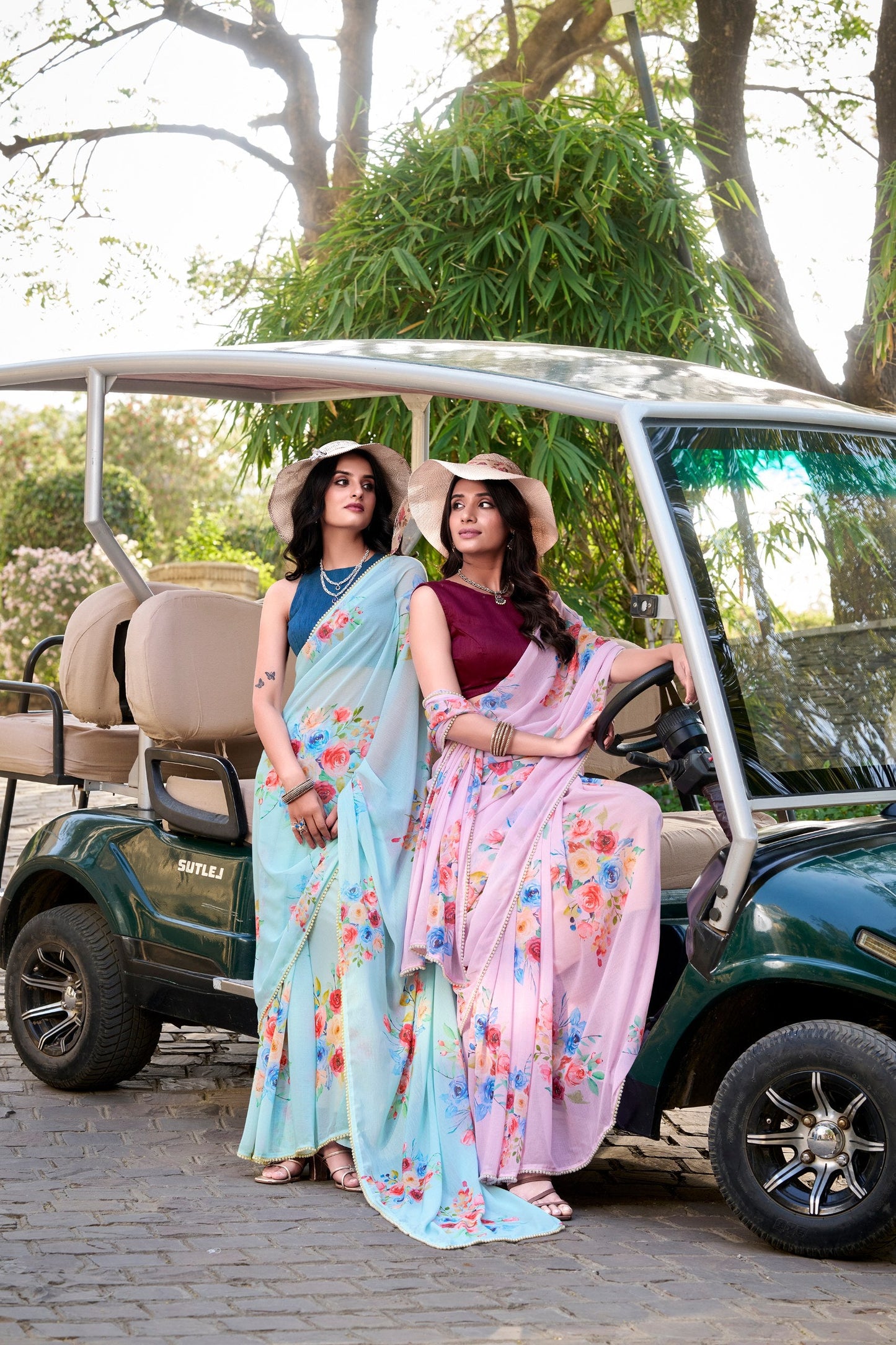 Floral Printed With Pearl Lace Border