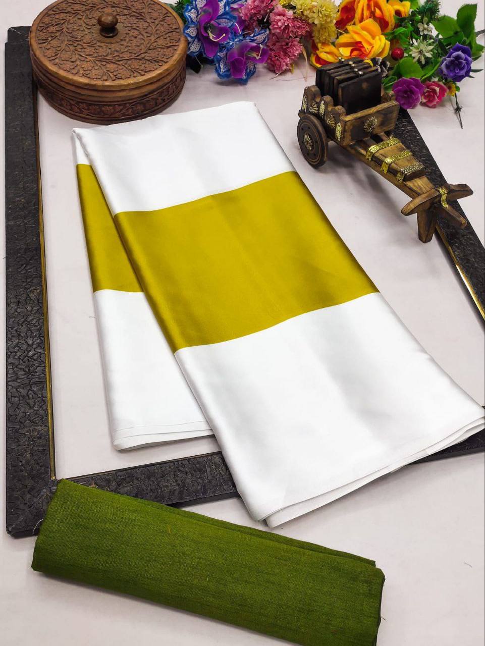 White Musterd Green Line Digital Print  Original Japan Satin (Devsena satin)