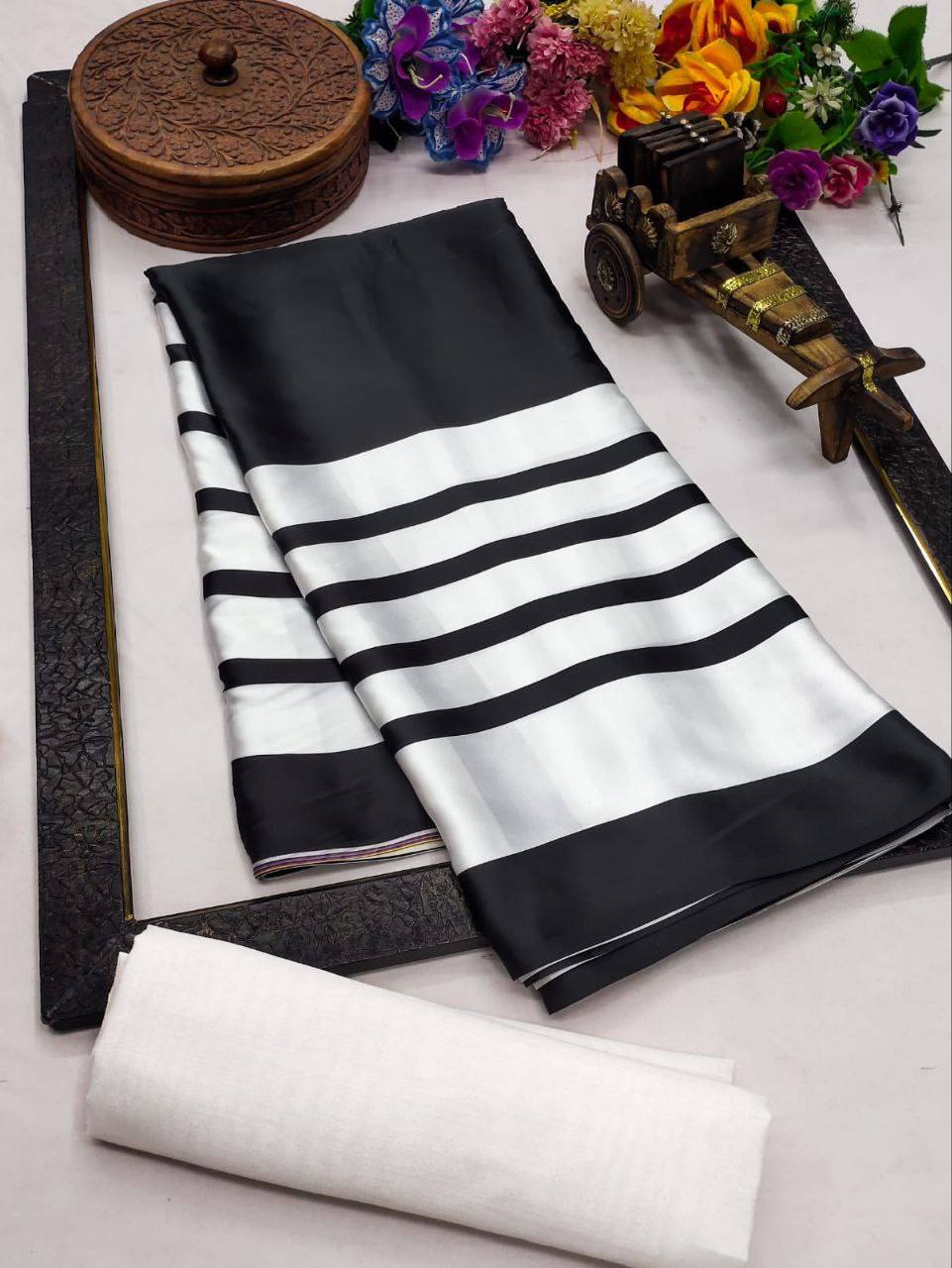 Black and White Zebra Print Style Saree Digital Print  Original Japan Satin (Devsena satin)