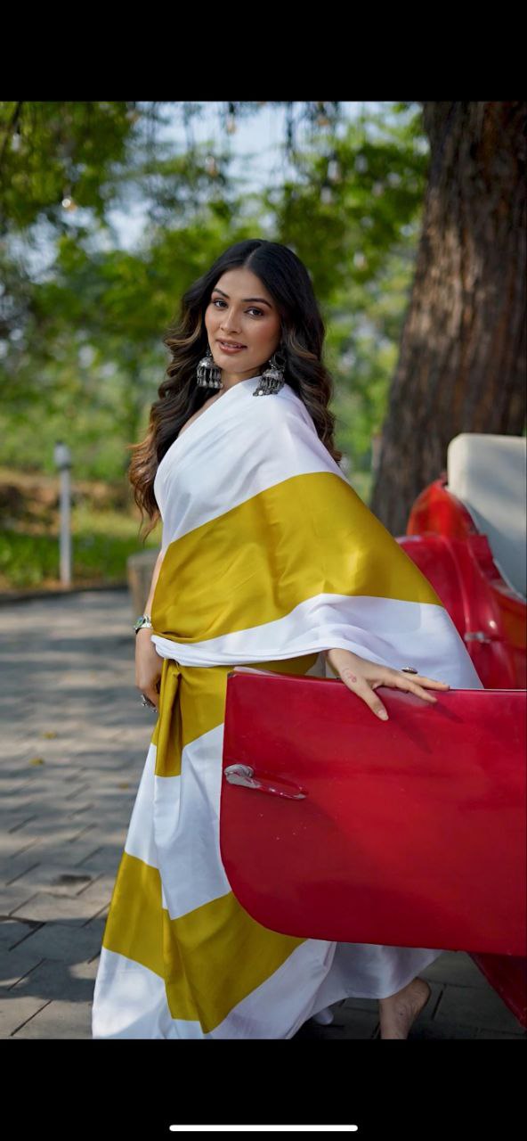 White Musterd Green Line Digital Print  Original Japan Satin (Devsena satin)