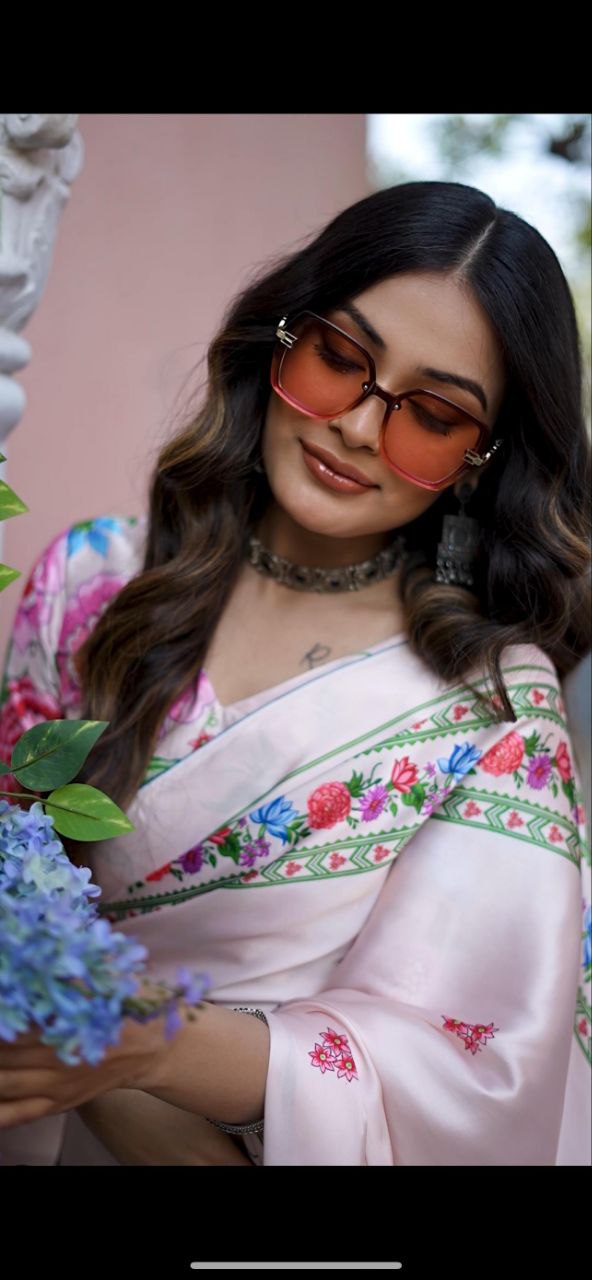 Light Pink Digital Floral Print Satin Saree Original Japan Satin (Devsena satin)