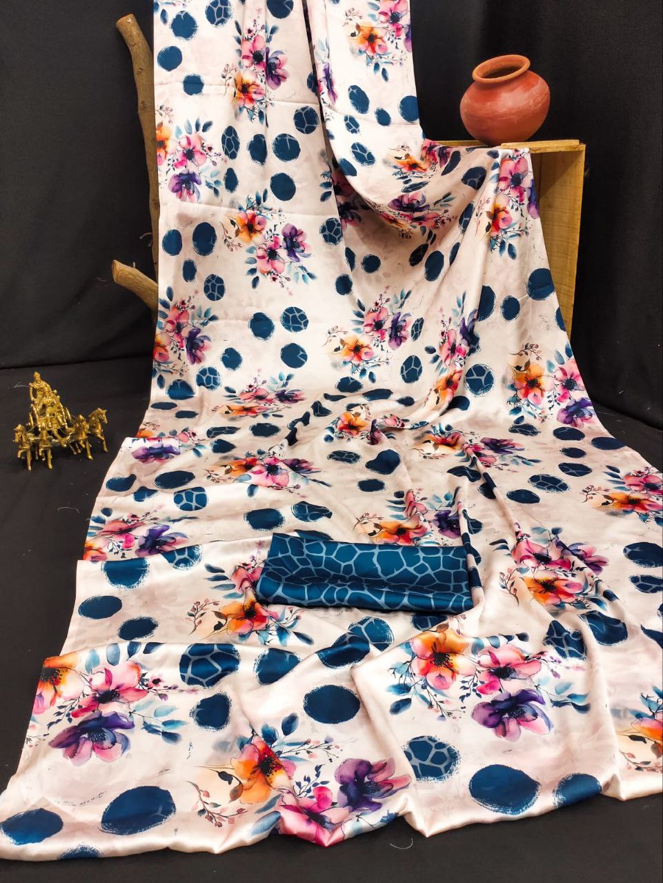 Satin Saree with Blue Polka Dot & Multi-Floral Digital Print Original Japan Satin (Devsena satin)