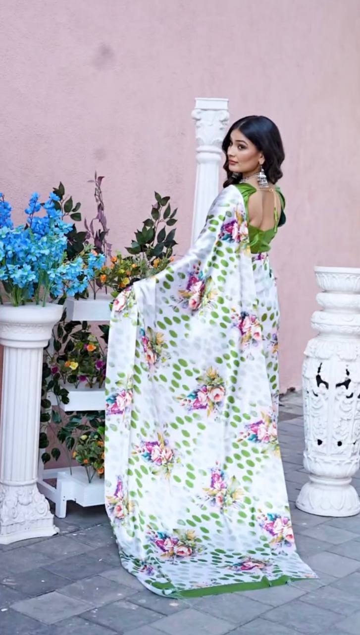 Satin Saree with Blue Polka Dot & Multi-Floral Digital Print Original Japan Satin (Devsena satin)