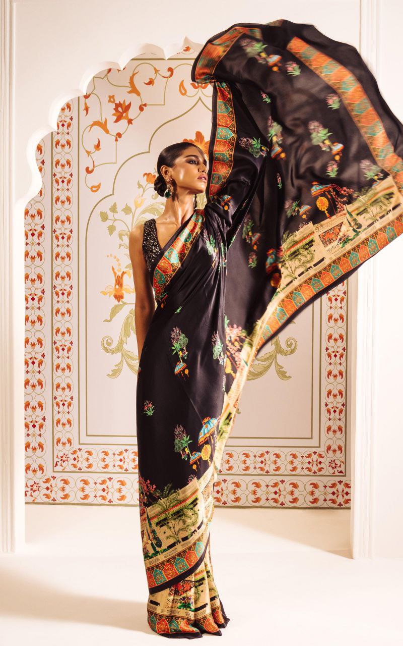 White Heritage Print Satin Saree Digital Print Original Japan Satin (Devsena satin)
