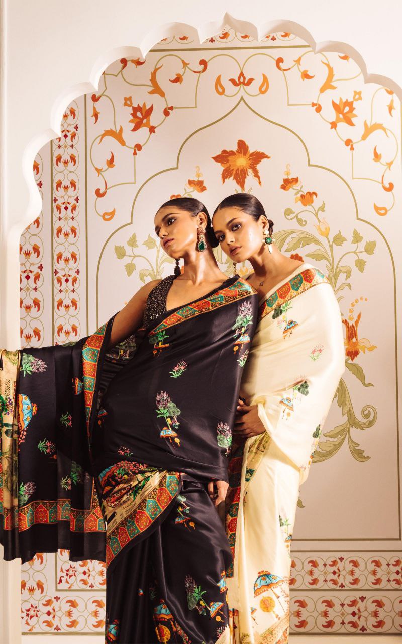 White Heritage Print Satin Saree Digital Print Original Japan Satin (Devsena satin)