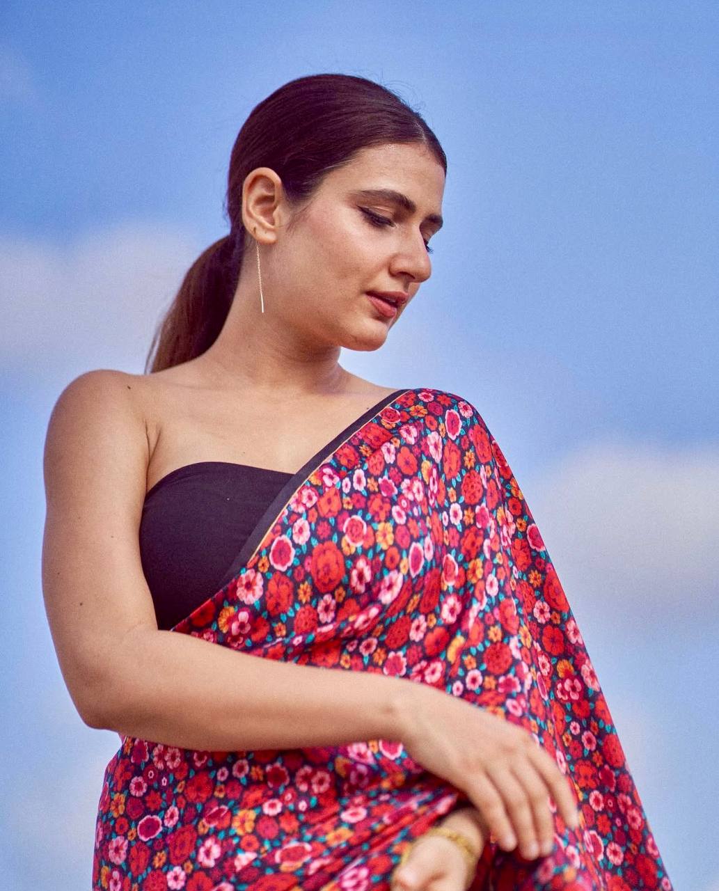 Floral Digital Print Saree Original Japan Satin (Devsena satin)