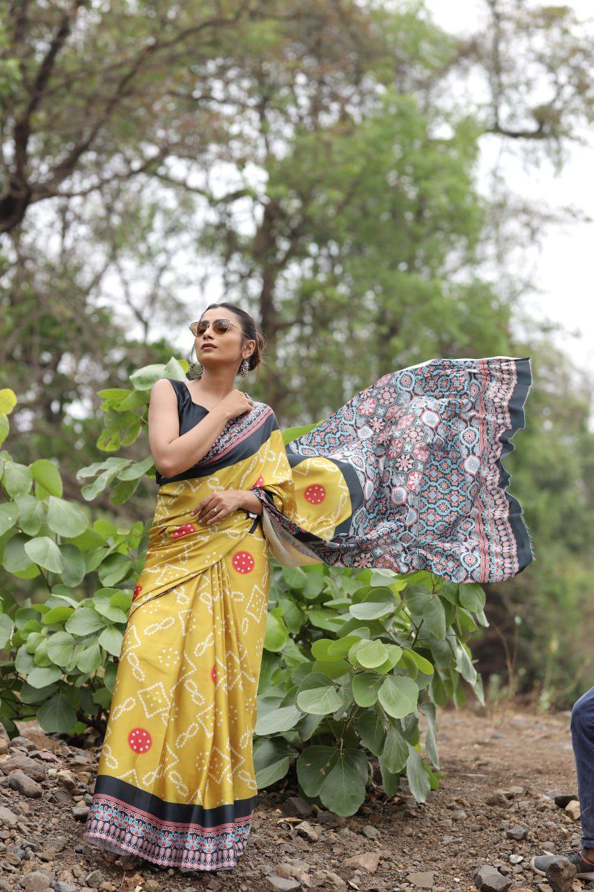 Mustard Yellow Fusion Digital Print Saree Original Japan Satin (Devsena satin)