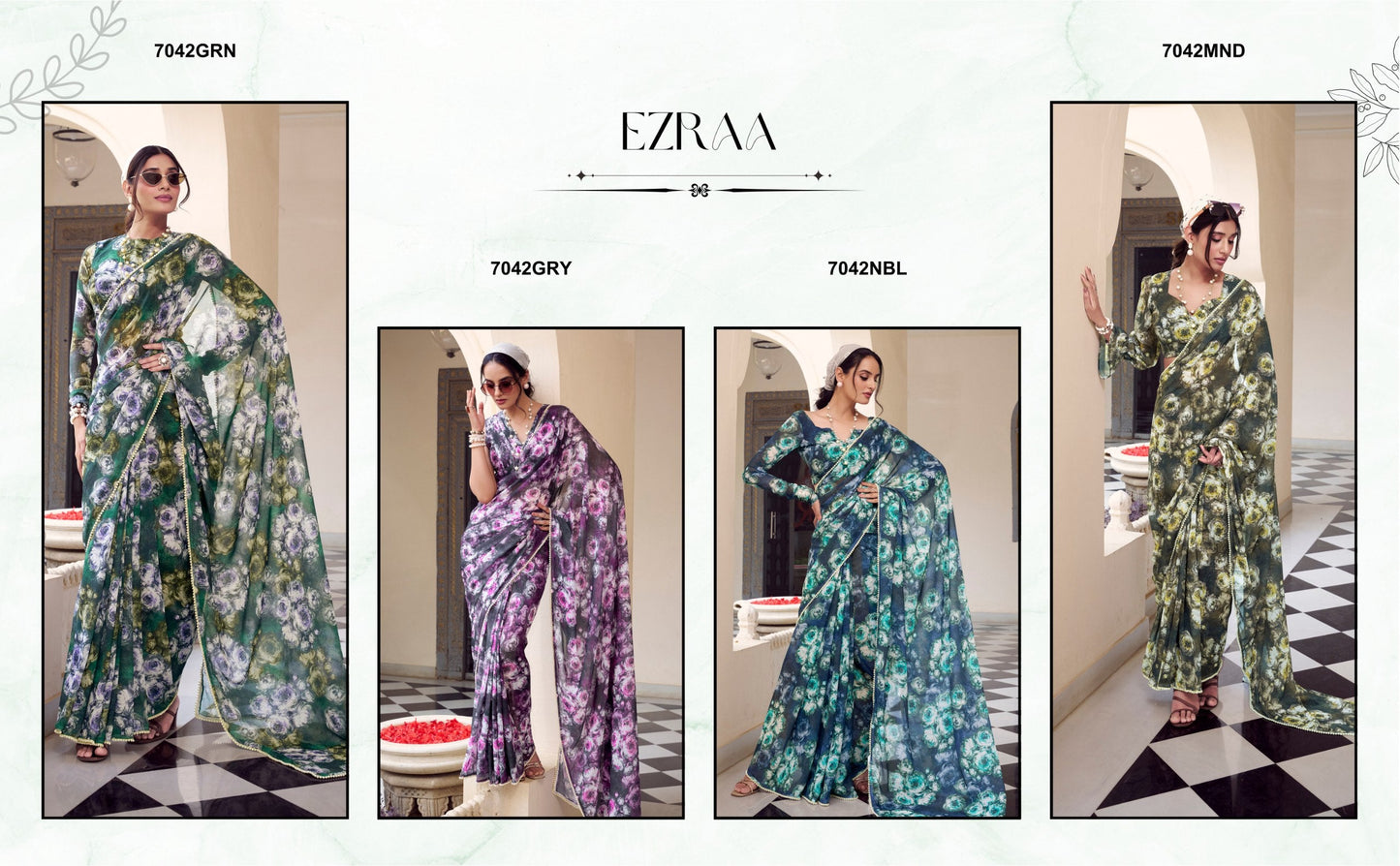 Multicolor Digital Print Weightless Marbel Floral Hot Modern Saree Wtih Pearl Lace Border