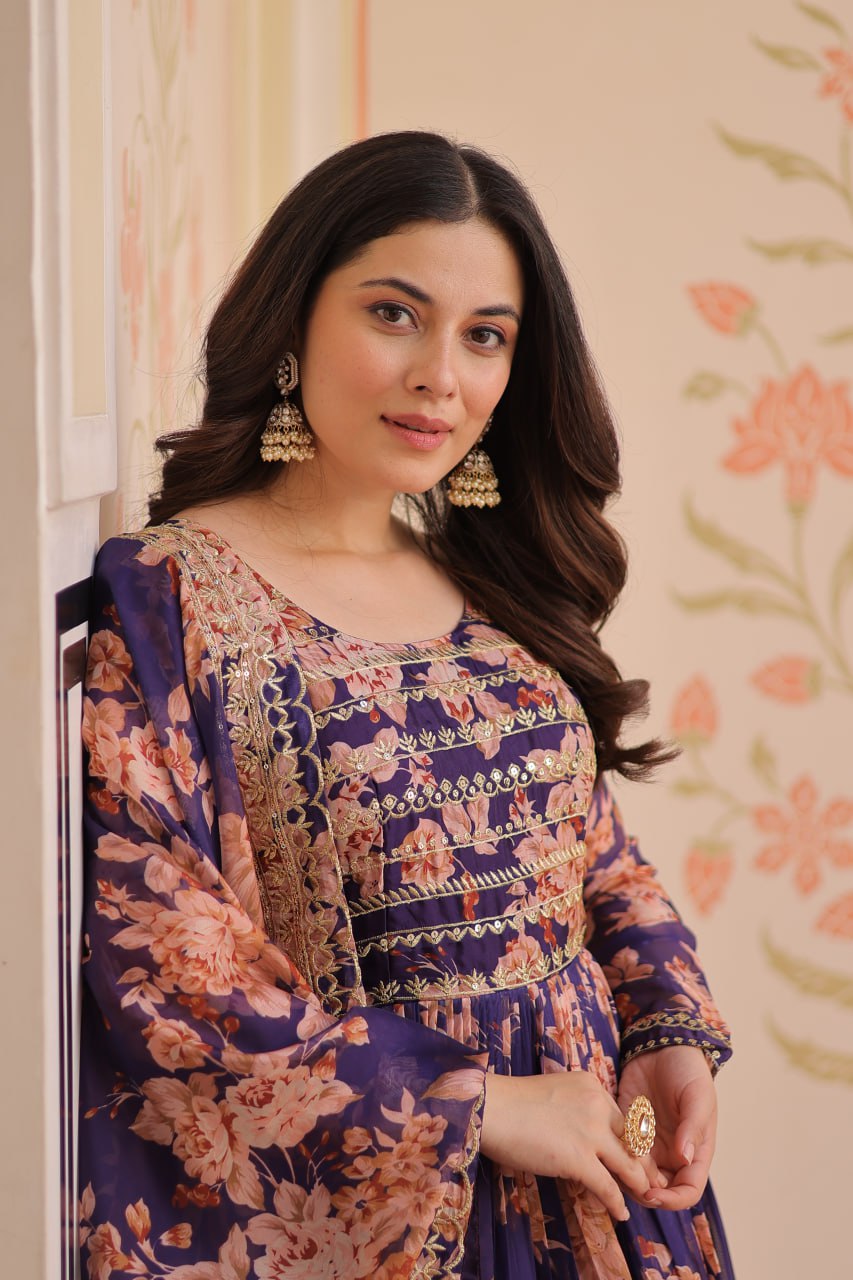 Gown - Russian Silk Rich  Digital Print With Embroidered Sequins Work