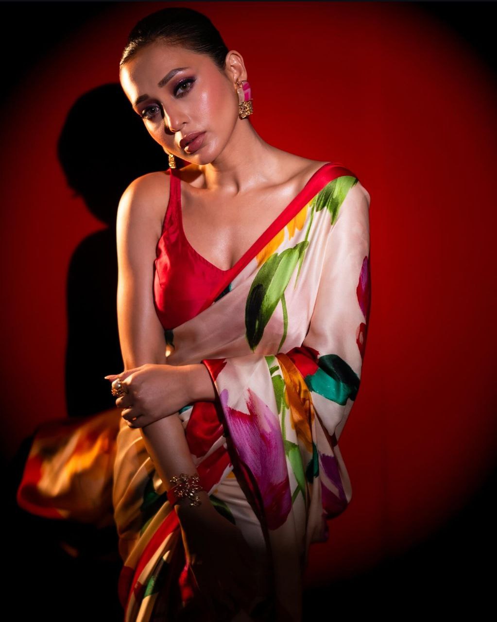 White Floral Printed Satin Silk Saree with Pink Border Digital Print  Original Japan Satin (Devsena satin)